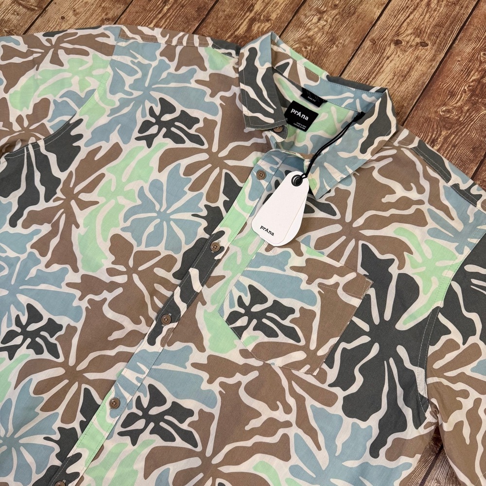 Prana Slim Fit Button Up Shirt Mens Extra Large Multicolor Floral Short Sleeve